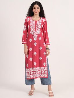 The Chikan Label - Coral Authentic Hand-Embroidered Chikankari Straight Kurta for Women