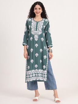 The Chikan Label - Green Authentic Hand-Embroidered Chikankari Straight Kurta for Women