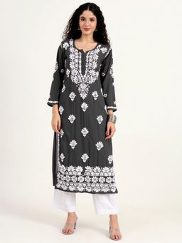 The Chikan Label - Grey Authentic Hand-Embroidered Chikankari Straight Kurta for Women