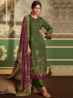 Stylee LIFESTYLE - Green Pashmina Digital Printed Unstitched Dress Material (Set of 3)