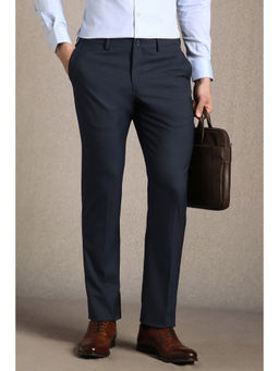 Louis Philippe - Men Navy Blue Solid Flat Front Formal Trouser