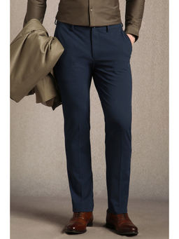 Louis Philippe - Men Navy Blue Textured Flat Front Formal Trouser
