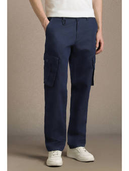 Louis Philippe - Men Navy Blue Solid Flat Front Casual Trouser