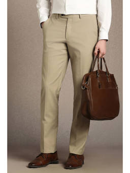 Louis Philippe - Men Beige Textured Flat Front Formal Trouser