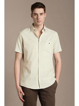 Louis Philippe - Men Beige Stripes Half Sleeves Casual Shirt