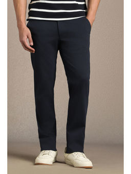 Louis Philippe - Men Navy Blue Solid Flat Front Casual Trouser
