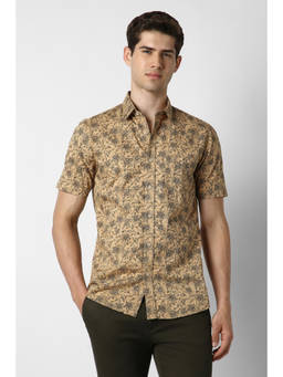 Peter England - Men Beige Slim Fit Print Shirt