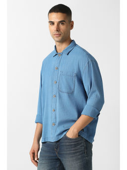 Van Heusen - Men Blue Textured Full Sleeves Casual Shirt