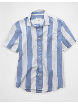 American Eagle - Men Blue Standard Fit Linen-Blend Button-Up Shirt