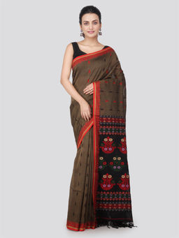 PinkLoom - Womens Cotton Saree with Unstitched Blouse-Brown