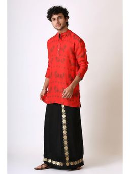UDD DESIGN - Sangharsh Black-Red Veshti Kurta and (Set of 2)