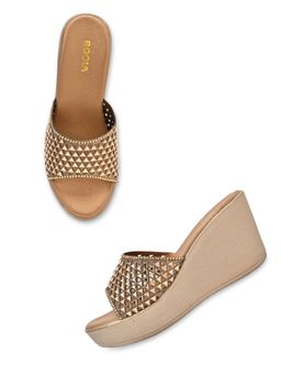 ROCIA - By Regal Antique Gold Women Diamond Embellished High Platform Wedges