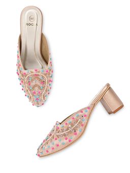 ROCIA - By Regal Rose Gold Women Hand Embroidered Block Heel Mules