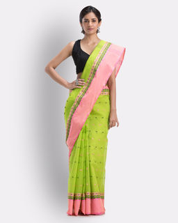 Angoshobha - Self Design Hazar Buti Green tant Pure Cotton Saree