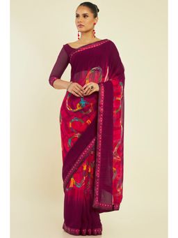 Soch - Women Magenta Georgette Printed Saree with Unstitched Blouse