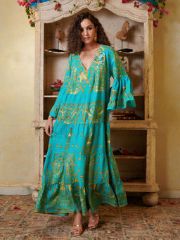 CINCIN Fashion - Turquoise Printed Deep V-Neck Tier Maxi Dress