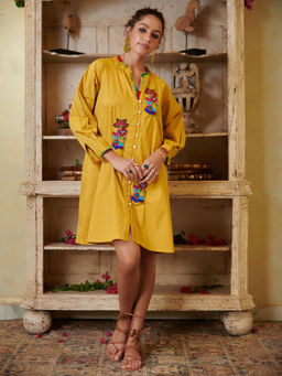 CINCIN Fashion - Poplin Mustard Embroidered Shirt Dress