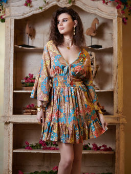 CINCIN Fashion - Multi-Color Plunging Neck Mini Dress