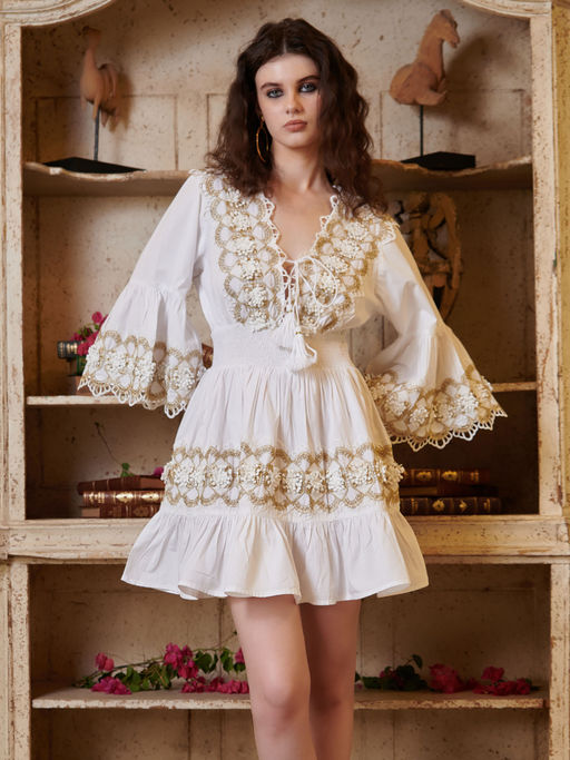 Formal Hippy Sundress Mini Dress White Boho Embroidered Dress White Lace  Dress White Embroidered Boho Dress CINCIN Fashion