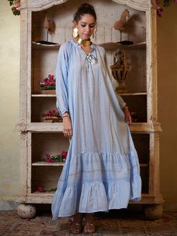 CINCIN Fashion - Blue Stripes Embroidered Maxi Dress