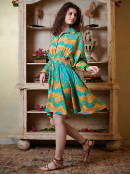 CINCIN Fashion - Teal Printed Mini Shirt Dress