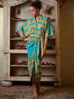 CINCIN Fashion - Teal Printed Shirt Maxi Dress (Set of 2)