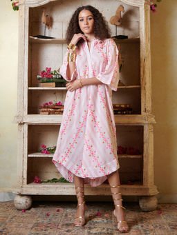 CINCIN Fashion - White and Pink Asymmetrical Shirt Midi Dress