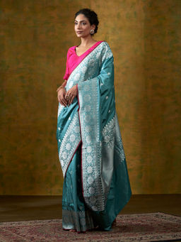WeaverStory - Duck Egg Blue Banarasi Handloom Saree With Unstitched Blouse
