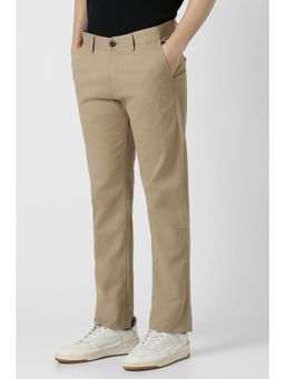 Peter England - Men Beige Solid Straight Fit Casual Trouser