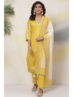 Biba - Yellow Cotton Straight Suit (set Of 3)