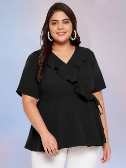 Martini - Black Plus Size Ruffle Wrap Peplum Curve Top