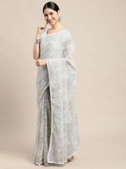 Vastranand - White Floral Embellished Saree with Unstitched Blouse