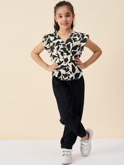 Stylo Bug - Girls Flower All over Print V-Neck Top with Pants Black
