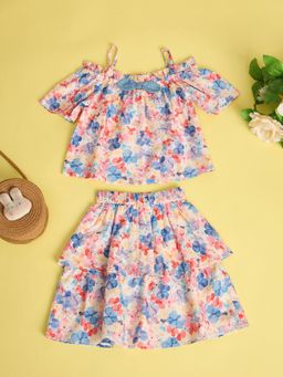Stylo Bug - Girls Flower All over Print Shoulder Straps Top with Skirt