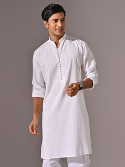 KINGDOM OF WHITE - Striped Mandarin Collar Pure Cotton Kurta