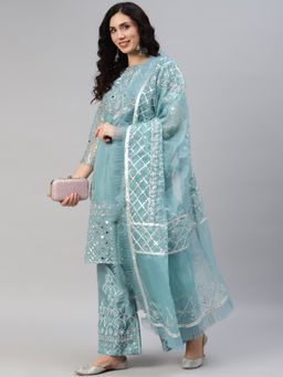 Readiprint - Semi-Stitched Organza Blue Kurti with Bottom and Dupatta (Set of 3) (Free Size)