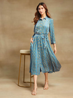 Fabindia - Womens Blue Rayon Blend Printed Midi Dress with Belt