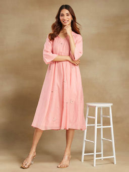 Fabindia - Womens Pink Cotton Silk Cutwork Midi Dress