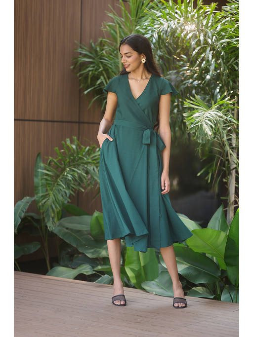 Buy Posh Pants Club Emerald Wrap Green Dress with Belt (Set of 2) (XS) Online