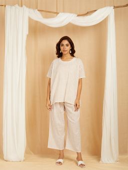 PINKSKY - Beige Cotton Printed Striped Co-Ord (Set of 2)