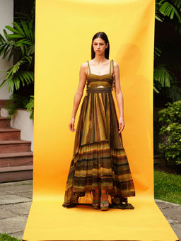 Nikita Mhaisalkar - Green Stripe Print Cut-out High Low Dress