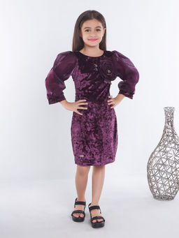 Mini Stitch - Girls Velvet Knee Length Dress with Puffed Sleeves Wine