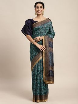 Odette - Bhagalpuri Silk Teal Green Printed Saree with Unstitched Blouse