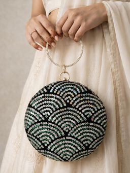ARTKLIM - Stylish Green and Gold Sequin Embroidery Clutch Bag for Women with Detachable Strap