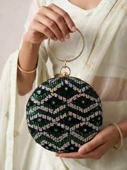 ARTKLIM - Luxurious Green and Silver Sequin Embroidery Clutch Bag with Detachable Strap