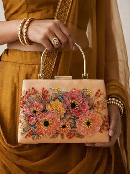ARTKLIM - Printed Champagne Floral Beaded Bag for Women with Detachable Strap