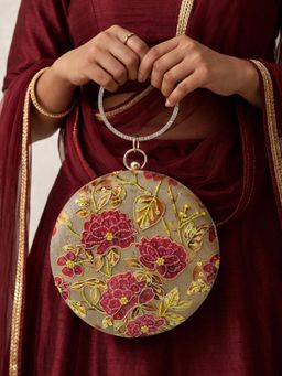 ARTKLIM - Beige Round Floral Ring Handle Bag for Women with Detachable Strap