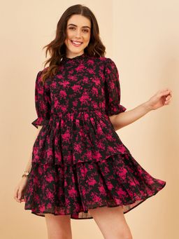 RARE - Women Casual Black Colour Mini Floral Dress