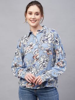 RARE - Women Regular Fit Blue Printed Regular Sleeves Spread Collar Shirt
