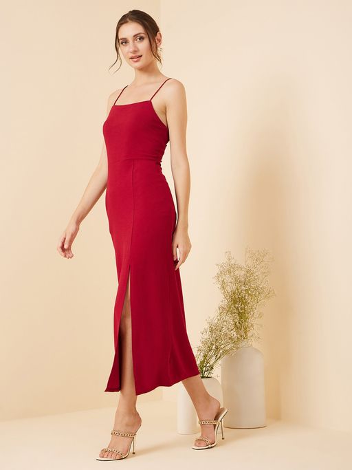 Buy RARE Women Casual Red Colour Midi Solid Dress Online